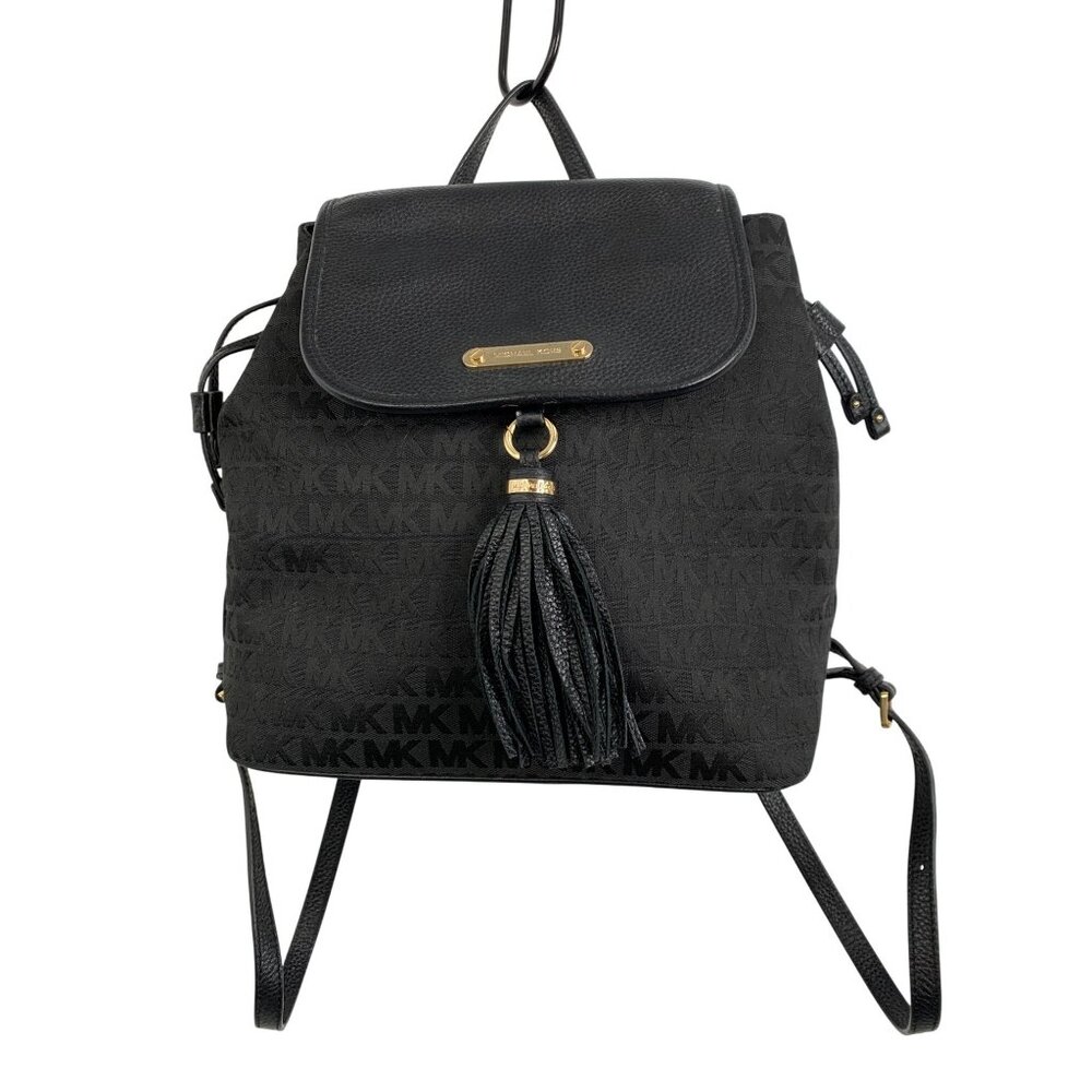 Michael Kors Bedford Black Signature Backpack Canvas Leather Tassel & Gold Hardw